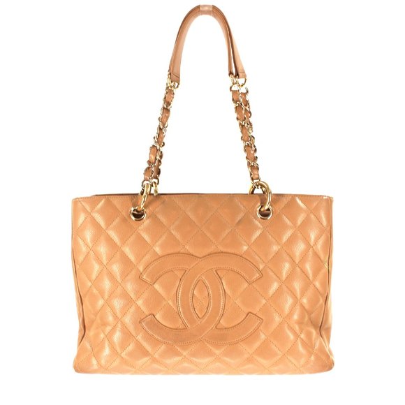CHANEL Handbags - CHANEL Grand Shopping Tote Quilted Gold Chainlink Handle Handbag Beige